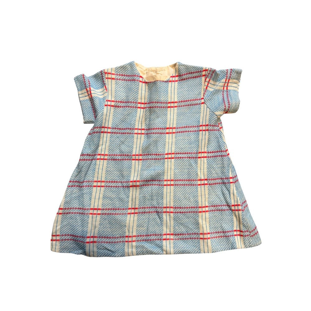 Vintage Nannette Baby Dress Blue Red Plaid Knit Short Sleeve Made in USA
